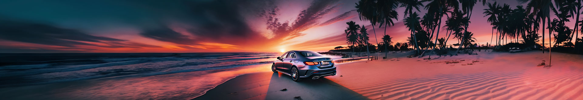 Mercedes classe E dans paysage Côte d'Azur sur la plage par coucher de soleil